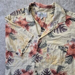 Island Shores Hawaiian Shirt Mens Medium Silk Yellow Floral Loop Collar Tropical